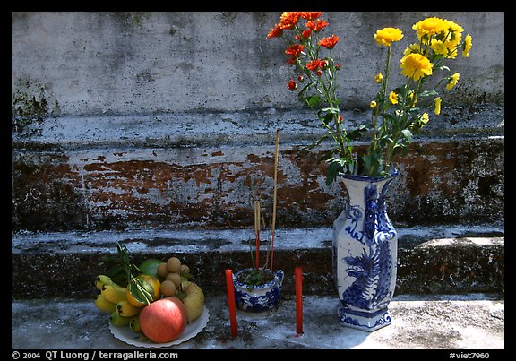 Flowers, fruit, and incense offered on a grave. Ben Tre, Vietnam