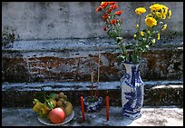 Flowers, fruit, and incense offered on a grave. Ben Tre, Vietnam (color)