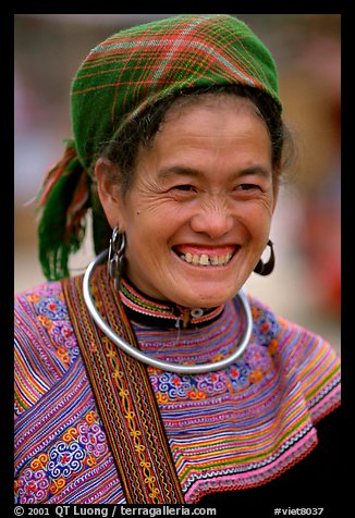Flower Hmong woman in everyday ethnic dress,  Bac Ha. Vietnam (color)