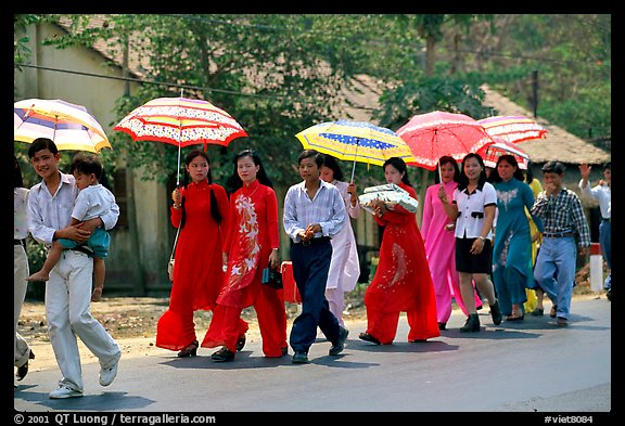 Traditional wedding procession on a countryside road. Ben Tre, Vietnam (color)