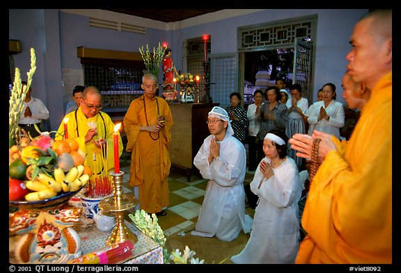 Buddhist funeral ceremony. White is color for mourning, Xa Loi pagoda, district 3. Ho Chi Minh City, Vietnam (color)