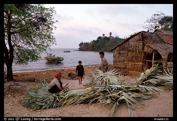 Fishing village with huts made of banana leaves. Hong Chong Peninsula, Vietnam (color)