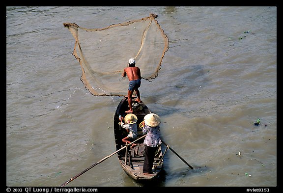 Fisherman casting net seen from above. Can Tho, Vietnam (color)