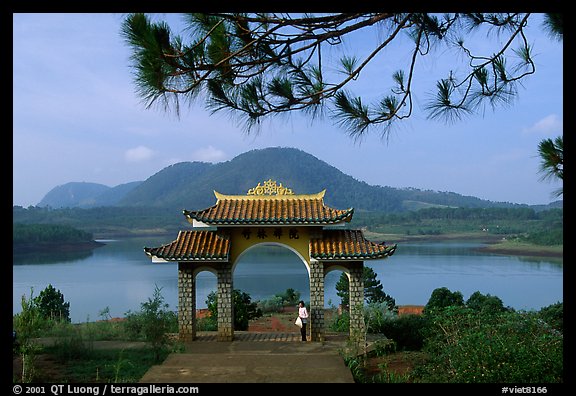 Pagoda set aside one of the many lakes. Da Lat, Vietnam (color)