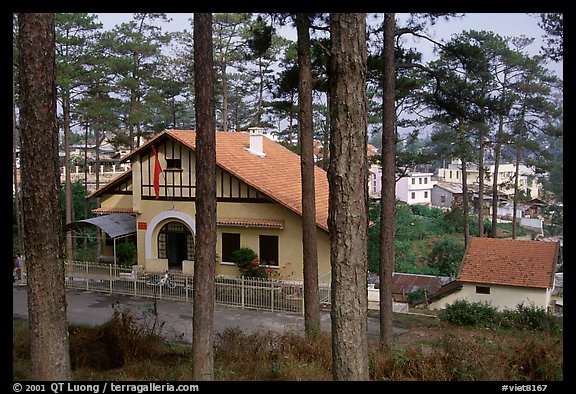 Basque style villa of colonial period in the pine-covered hills. Da Lat, Vietnam