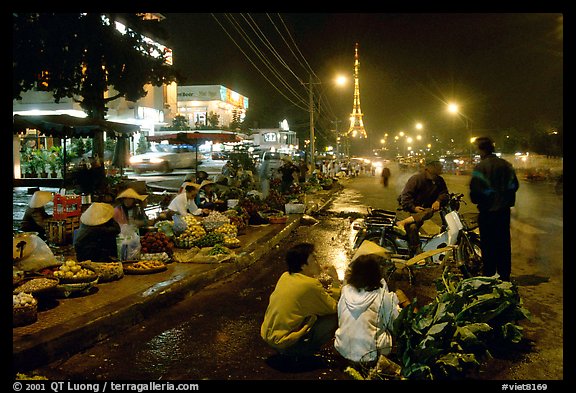 Night market and the local Eiffel tower. Da Lat, Vietnam (color)