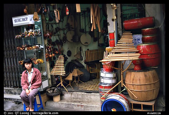 Traditional musical instruments for sale, old quarter. Hanoi, Vietnam (color)