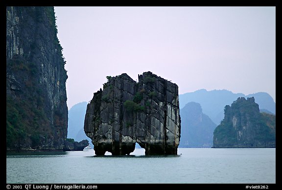Rock formation standing among the islands. Halong Bay, Vietnam (color)